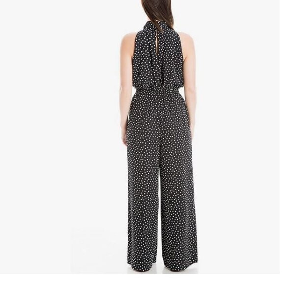 Max Studio Black Wide-Leg Jumpsuit with High Collar and Polka Dots - Picture 2 of 10